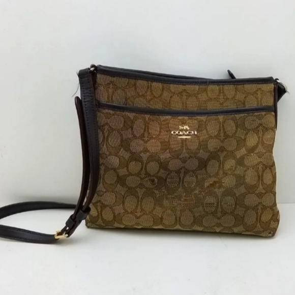 Coach Handbags - coach signature monogram brown tan file leather fabric crossbody bag